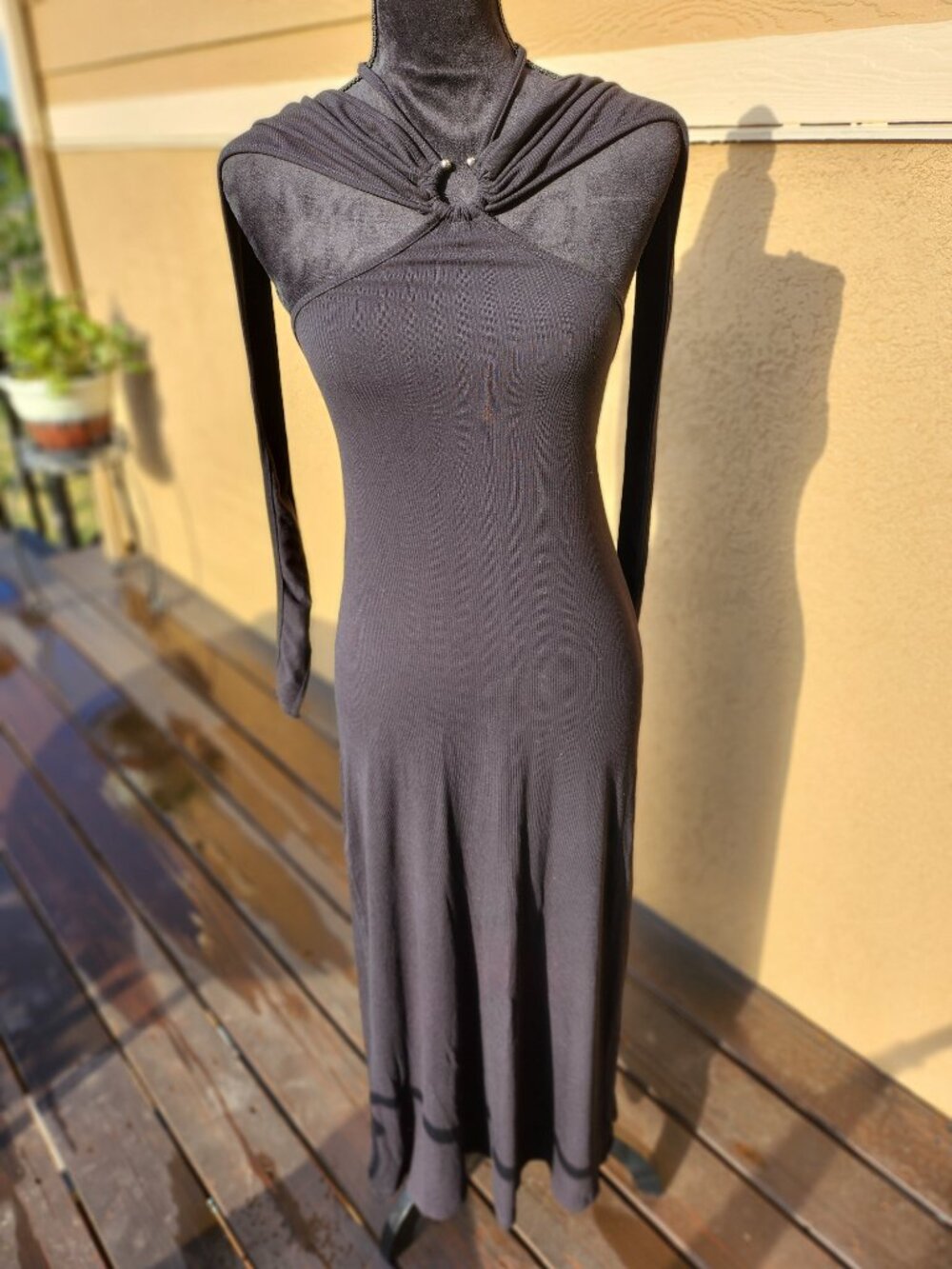 Salwa Owens Black Ribbed Avant-Garde Maxi Dress O-Ring Halter Knit Gown S - Picture 2 of 13